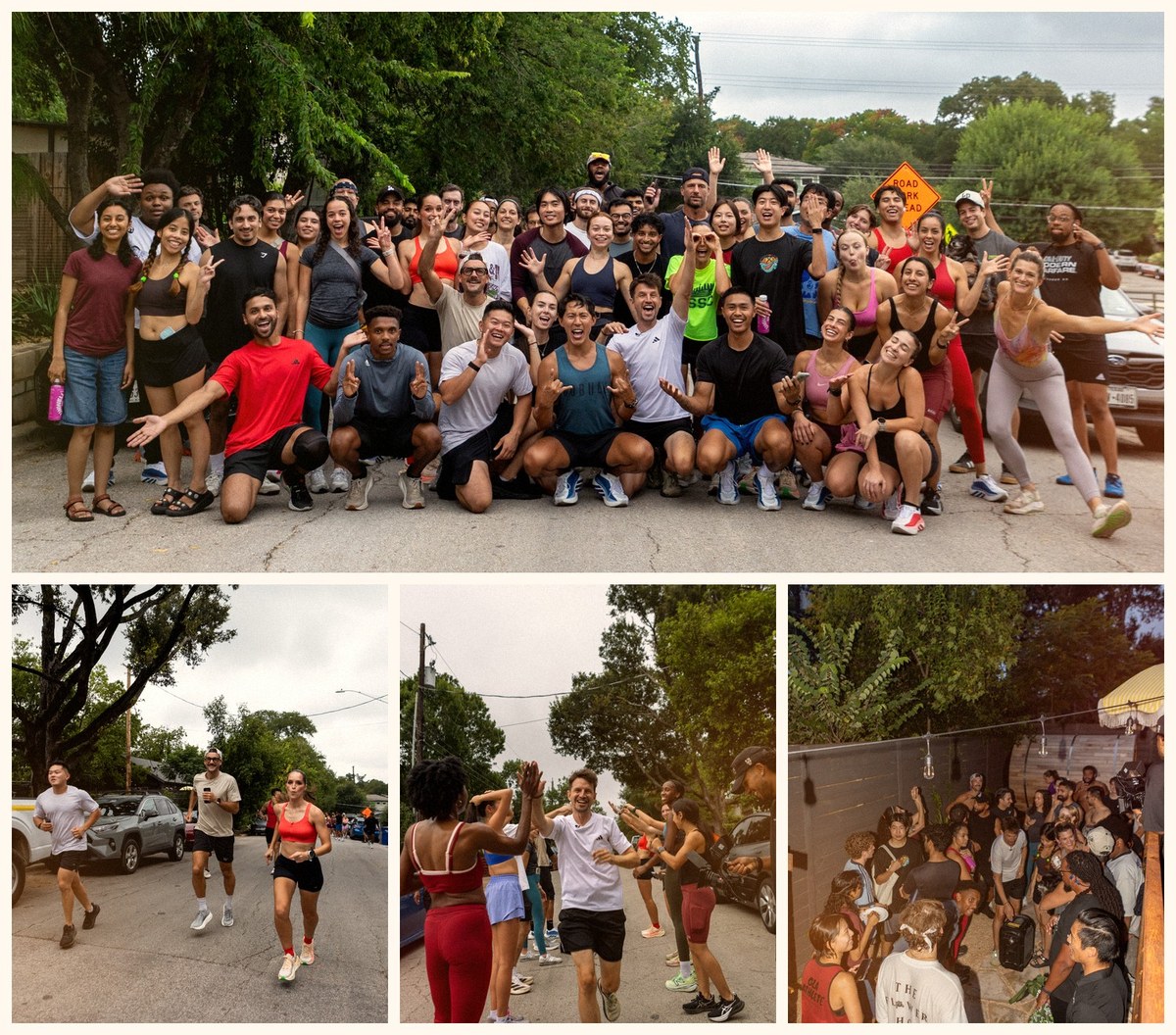 Photos from the Good Trouble ATX July 14 event — the group, the run, high-fives on the route, and the evening gathering